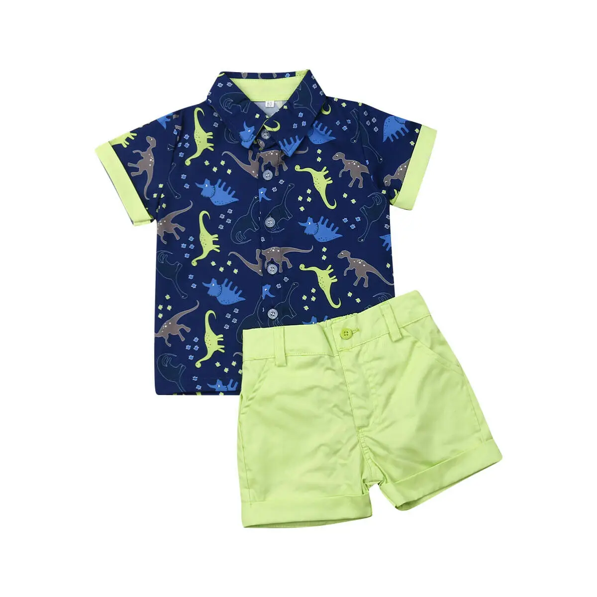 

Boys Clothes Gentleman Fluorescent Green Clothes Dinosaurs Printing Shirt Tops+Fluorescent Green Shorts Pants Outfit 12M-5Y
