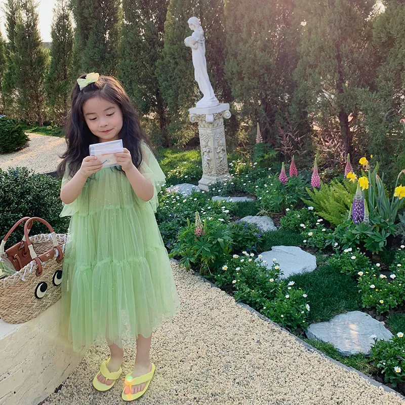Летнее платье принцессы мечты девочки модная зеленая газовая юбка эльфа