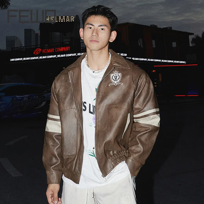 FEWQ Мужская куртка из искусственной кожи новинка 2024 уличная контрастная цветная