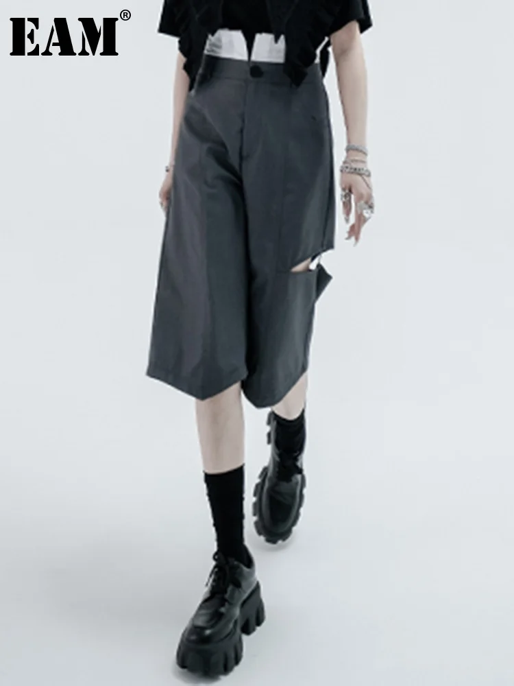 

[EAM] серые Открытые брюки до колена с высокой талией, новые свободные брюки, женские модные брюки, весна-осень 2022, 1DE9964