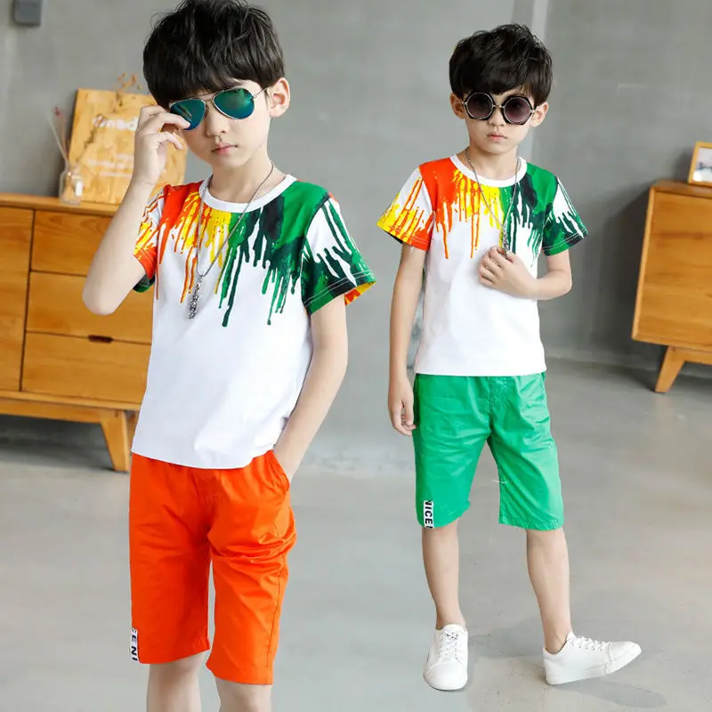 

2022 New Summer Boys Clothing Set Korean Hip-hop Polychromatic T-Shirt + Pants 2Pcs Suit Kindergarten Performance Kids Clothes