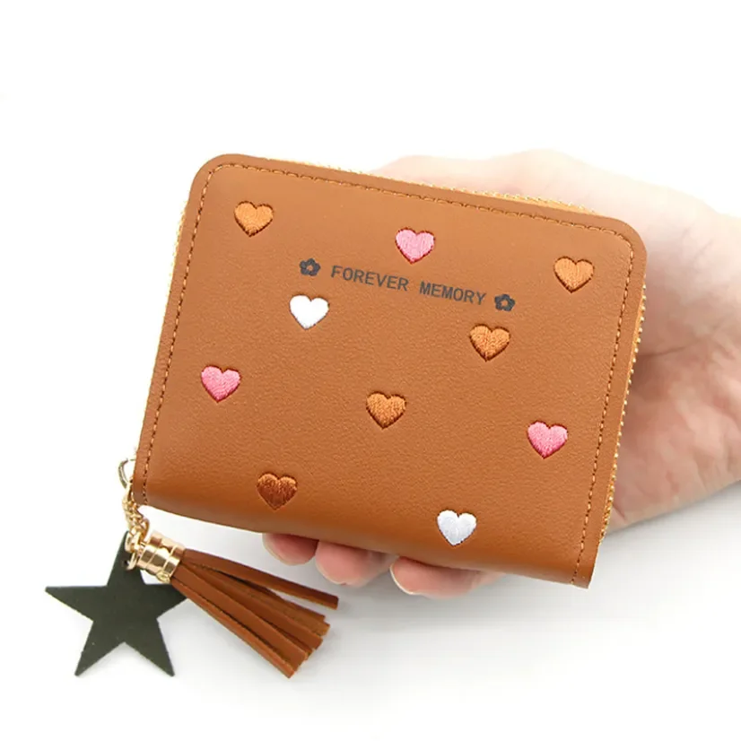Purse Leather Heart Embroidery Short Wallet Ladies Tassels Star Pendant Money Bag Girl Small Wallets Money Clip 2021 New