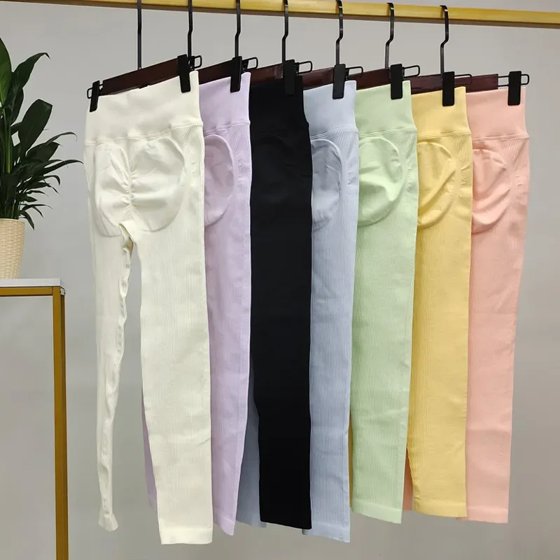 

Women Ribbed Leggings Push Up Seamless Fitness Legging Stripe Drawstring Jogging Pants Sport Legging Ladies Gym Workout Legins