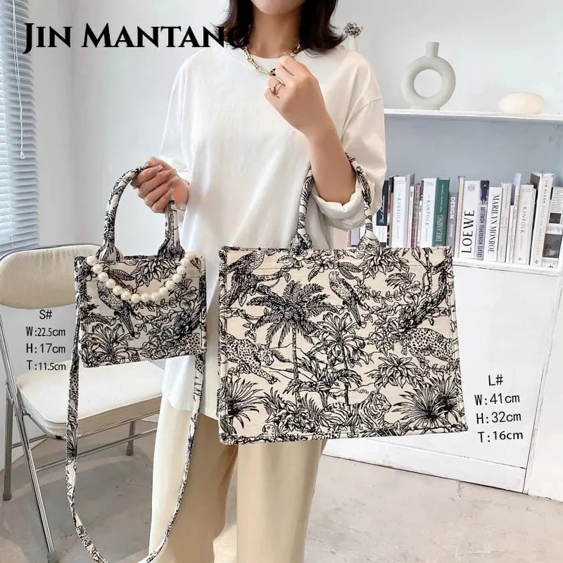 

Fashion Jacquard Embroidery Large Tote Bags for Women Designer Pearls Shoulder Bag Canvas Crossbody Bag Casual Big Shopper Purse