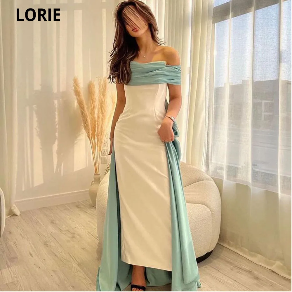 Купи LORIE White Green Mermaid Evening Dresses With Cape Robes De Soirée Silk Satin Tea Length Saudi Arabic Women Party Prom Gowns за 4,385 рублей в магазине AliExpress