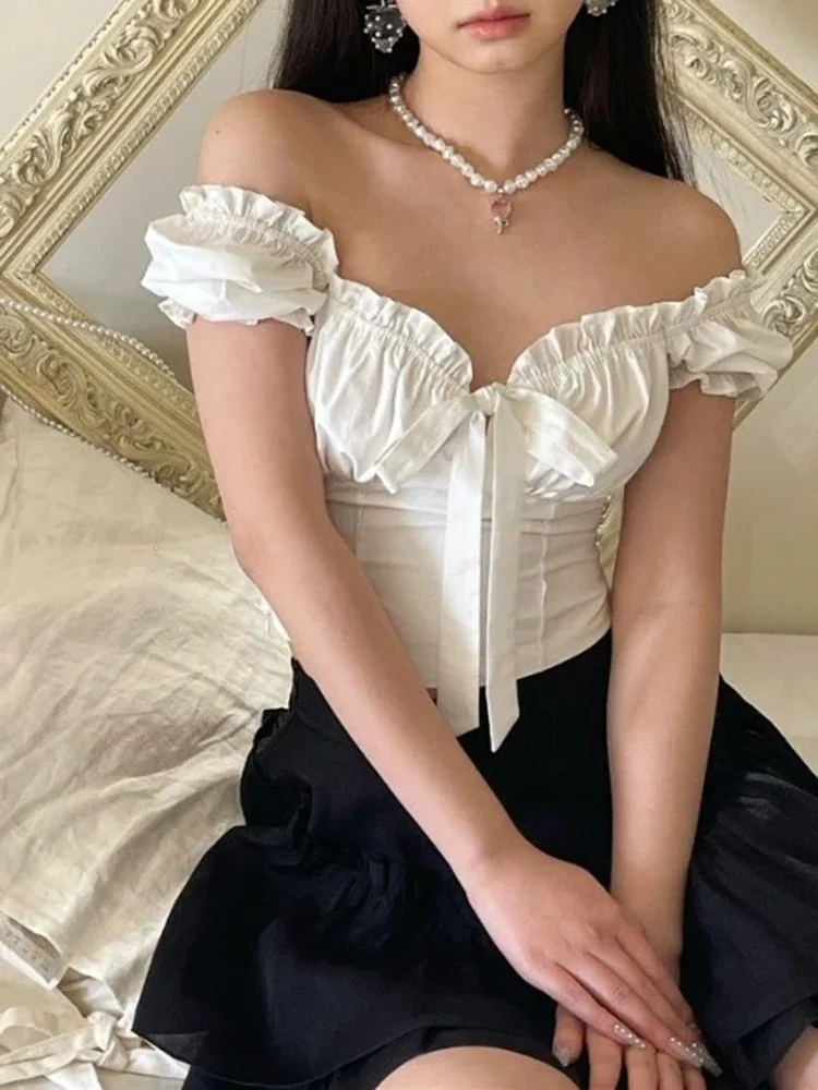 Женский короткий топ с коротким рукавом Повседневная белая рубашка бантом и