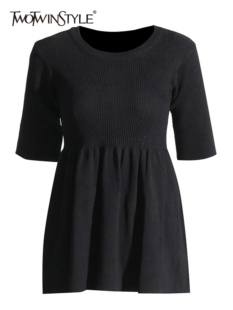 

TWOTWINSTYLE Solid Minimalist T Shirts For Women Round Neck Short Sleeve Loose Casual Temperament T Shirt Female Fashion Clothes