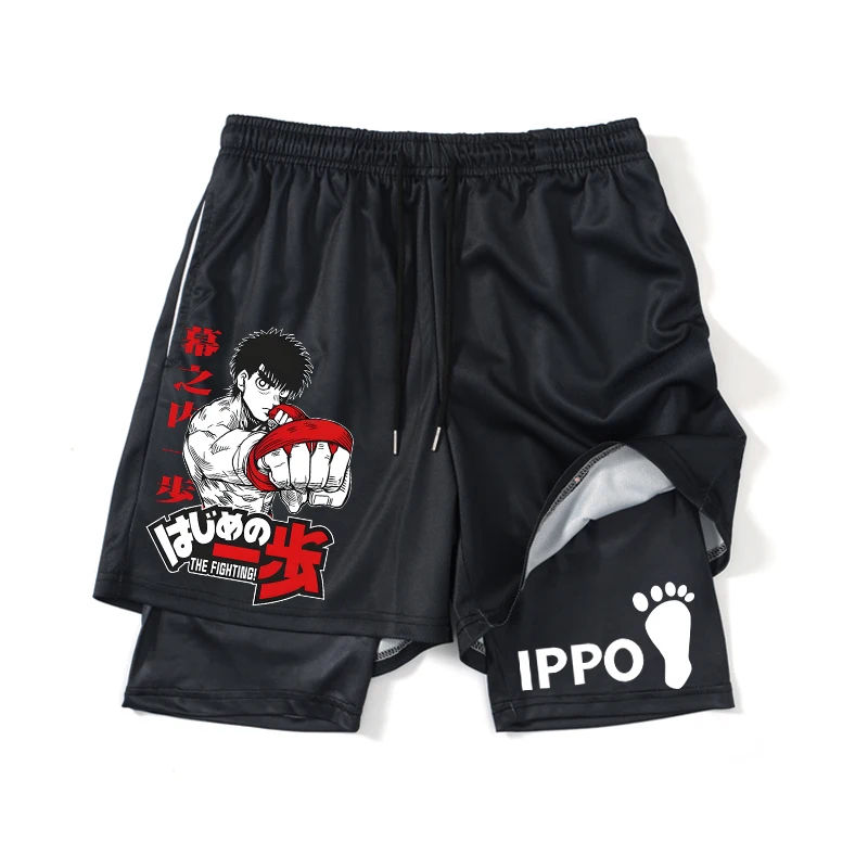 

2 In1 Gym Shorts Hajime no Ippo Magazine Anime Shorts Black Men Women Bodybuilding Fitness Summer Mesh Quick Dry Board Shorts