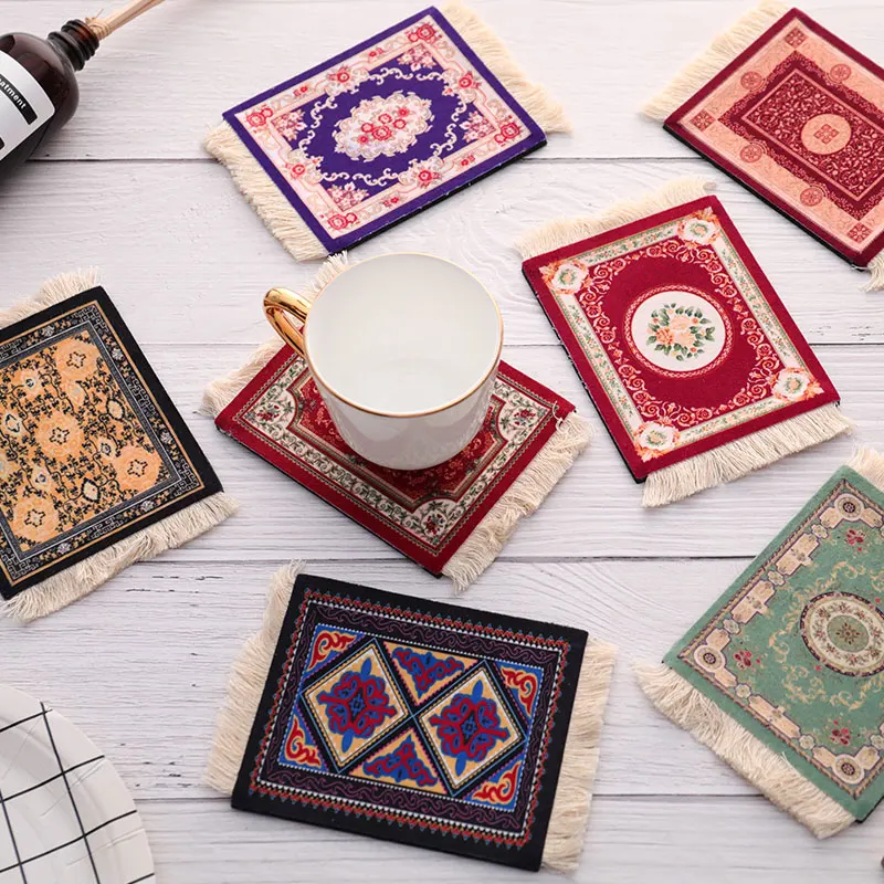 Retro Style Persian Mini Woven Rug Mat Mousepad Carpet Pattern Cup laptop PC Mouse Pad with Fring Home Office Table Decor Craft
