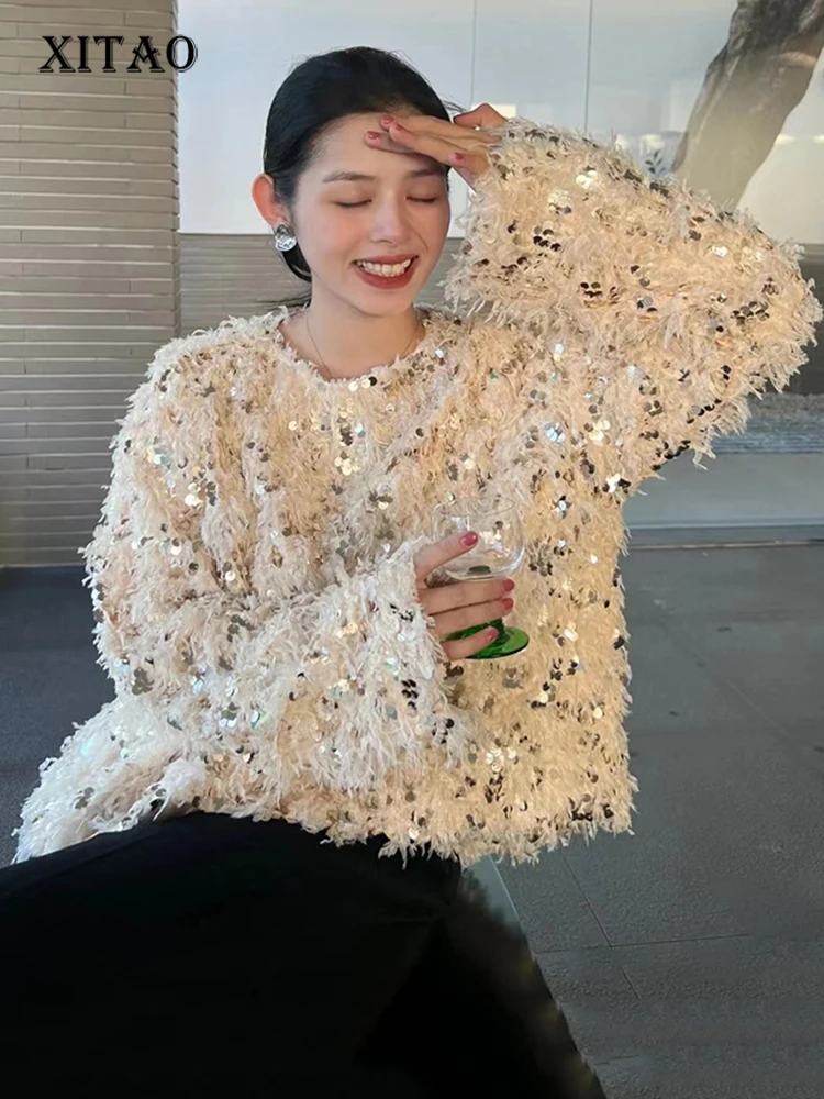 

XITAO Feather Tassel Sequins Knitting Sweater Loose Fashion Personality Street Trend Women O-neck 2022 Winter New Top ZY8265