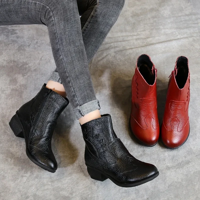 Retro Leather Concise Boots Women's Low Heels Fur Shoes Ladies Fashion Round Head  Red Booti Black Short Boots