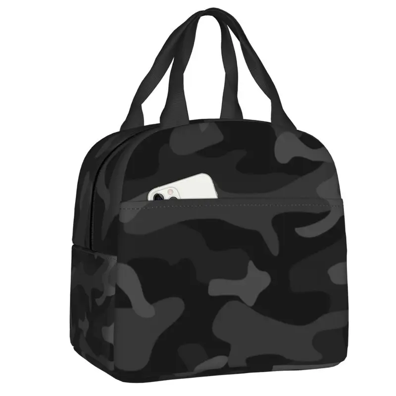 Black Camouflage Pattern Thermal Insulated Lunch Bag Army Military Camo Portable Lunch Tote for Work School Travel Food Box