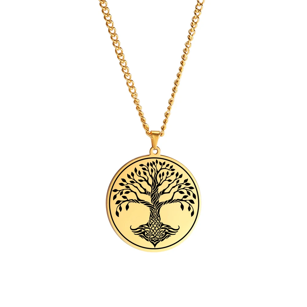 

Black Color Gold Color Steel Color 35x38mm Tree Of Life Round Disc Pendant Stainless Steel Necklace With 60cm Link Chain