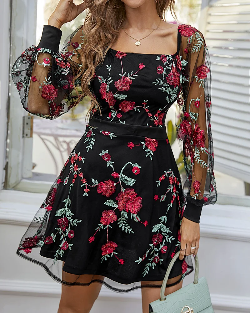 

Chicme Women Summer Floral Embroidery Sheer Mesh Lantern Sleeve Work Dress Fashion Femme A Line Mini Casual Dress Robe Vestidos