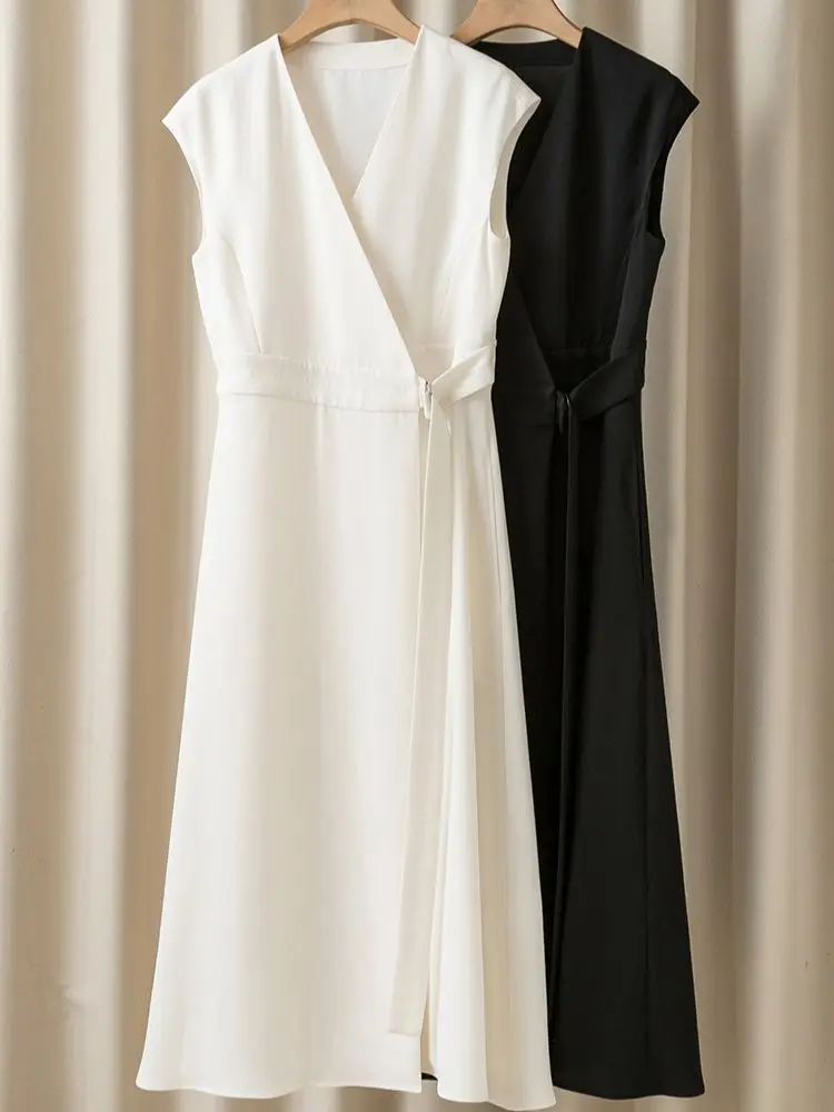 Women's Tank Dress Solid V-Neck Sleeveles Slim Lace-Up Simple A-Line Elegant Long Robe Vintage