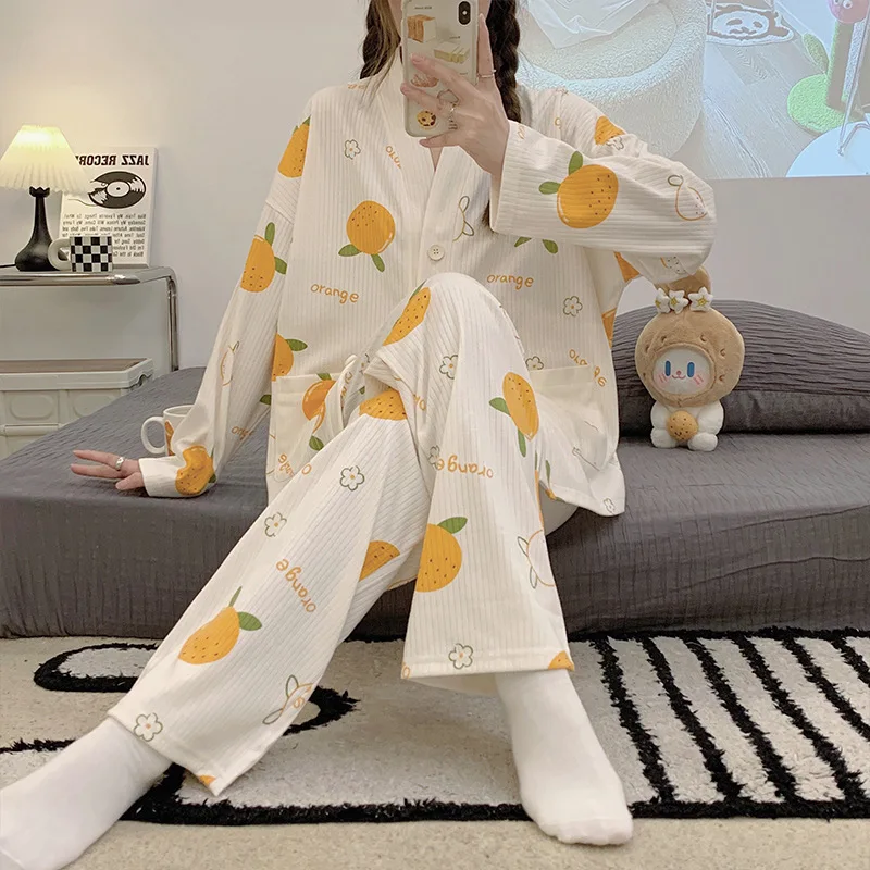 Yasuk Spring Autumn Fashion Women's Casual Soft Cotton Sleepwear Homewear Pajamas Set With Pants Orange Print
