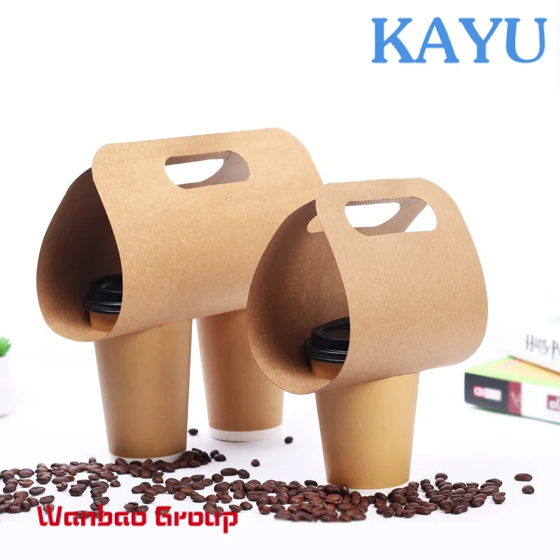Disposable Kraft Paper Cup Base Handle Holder Eco Friendly Coffee Milk Tea Cup Tray Takeaway Drink Packaging