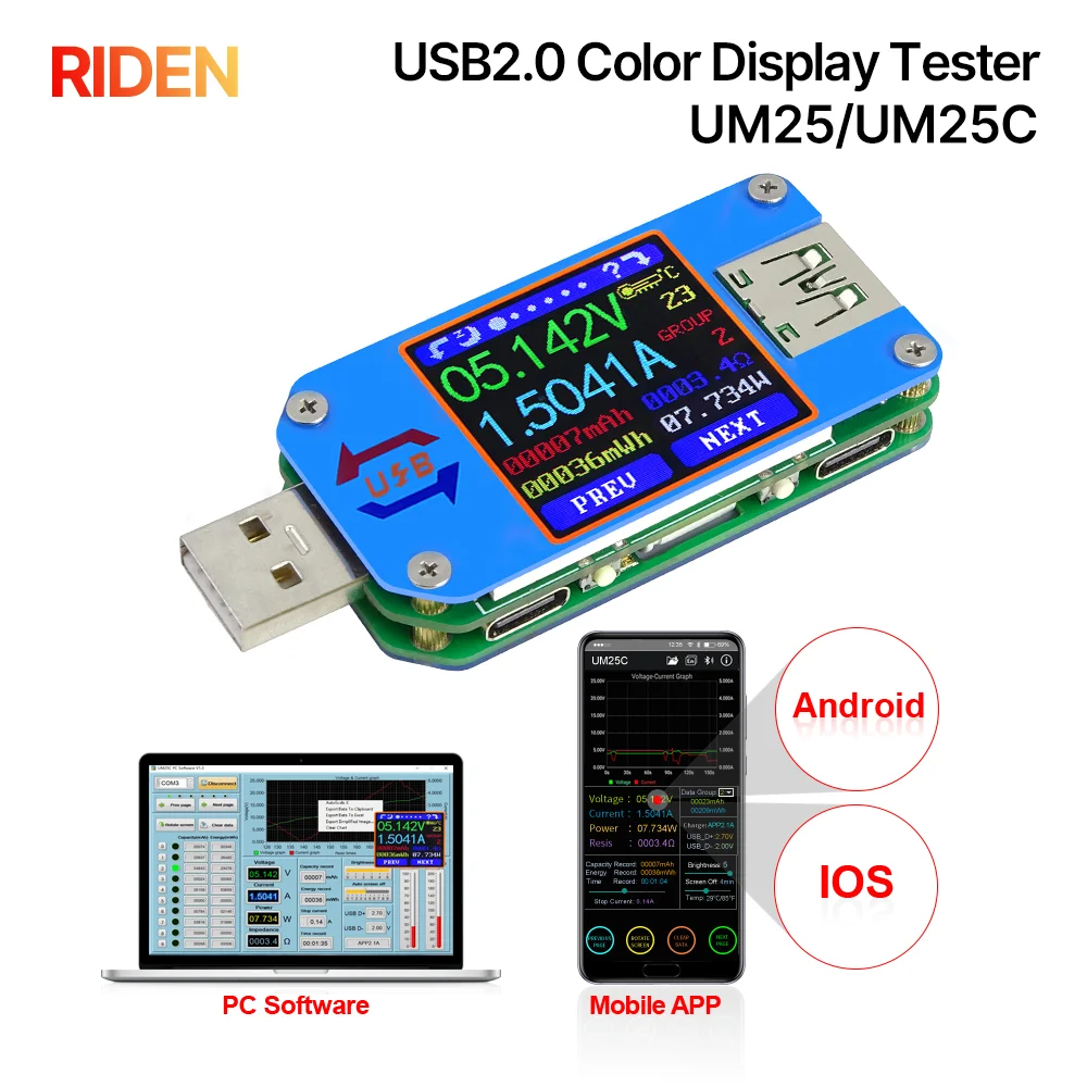 

RIDEN UM25 UM25C for APP USB 2.0 Type-C LCD Voltmeter ammeter voltage current meter battery charge usb Tester