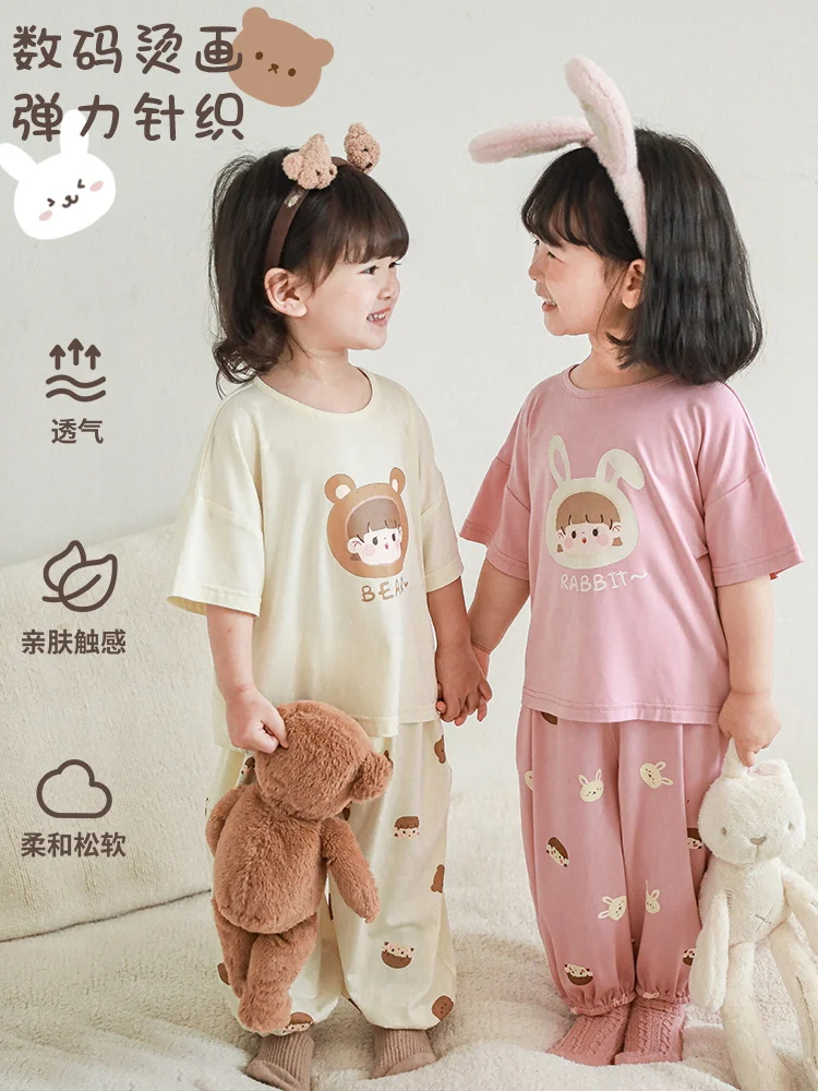 Детский летний домашний комплект одежды, свободные штаны с коротким рукавом и мультяшным рисунком для девочек, приятная для кожи Пижама, ко...
