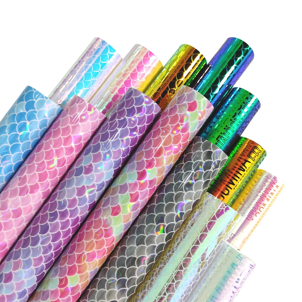 

Iridescent Holographic TPU Film Vinyl Fish Scale Letter Faux Leather Fabric for Handbag Bow Decor DIY Craft Materials 30*135CM