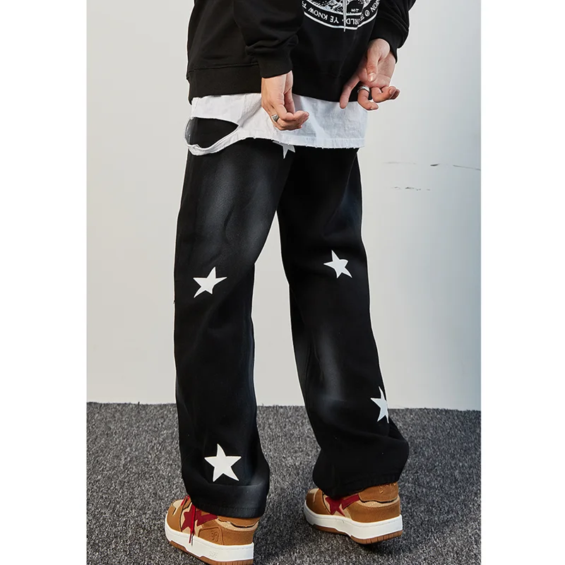 Streetwear Men Hip Hop Loose Straight Cylinder Stars Printing Casual Pants Versatile Comfortable Jeans Autumn and Winter Female