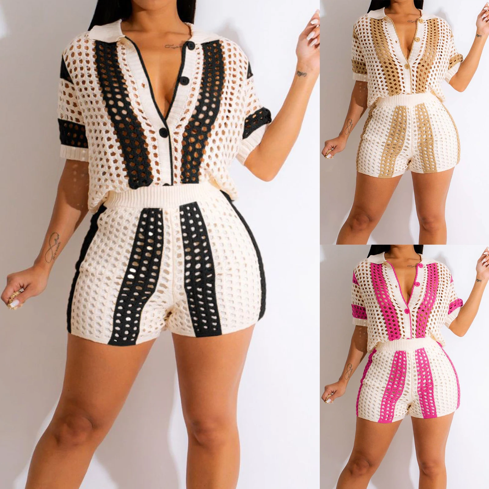 

Ladies Short Sleeve Top & Knit Short Stylish Mesh Tops and Sheer Short See Through Casual Color Block Daily Commuting Outfit