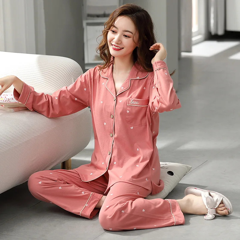 Cotton pajamas female long-sleeved spring and autumn models plus size loose two-piece summer ladies home wear