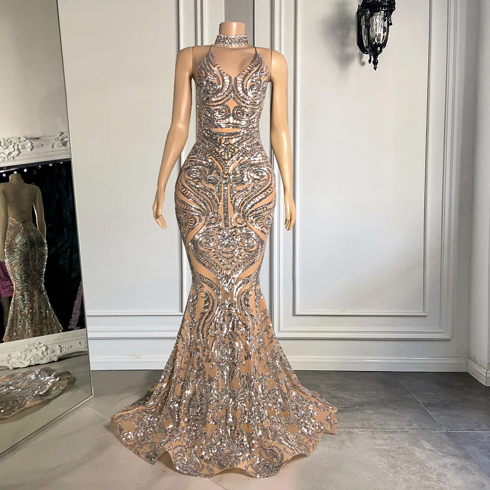 

Sexy V-neck Open Back Mermaid Gala Black Girls Silver Sequin Long Prom Dresses 2022 For Birthday Party