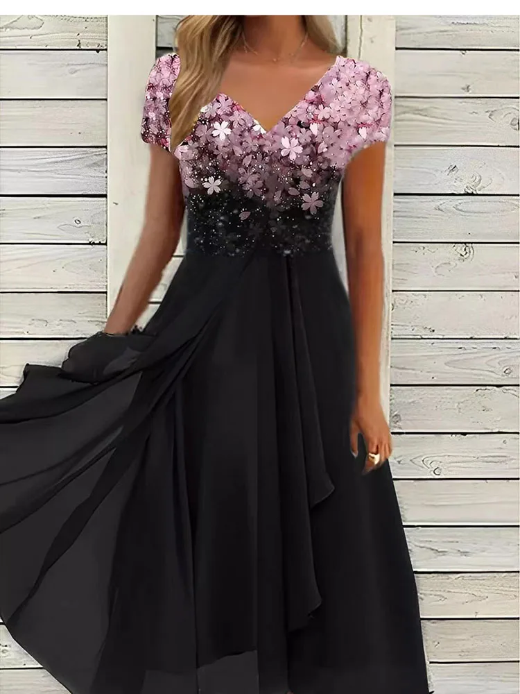 

Summer Fashion Print V Neck Short Sleeve Chiffon Party Dresses for Women Casual Sweet Slim Beach Midi Dress Clothing Robe Femme