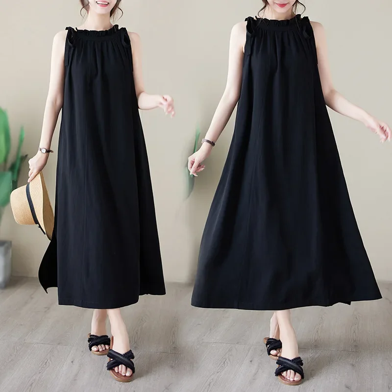 2024 Summer New Fashion Pure White Vacation Style Korean Version Watermark Printing Halter Neck Tying Long Dress