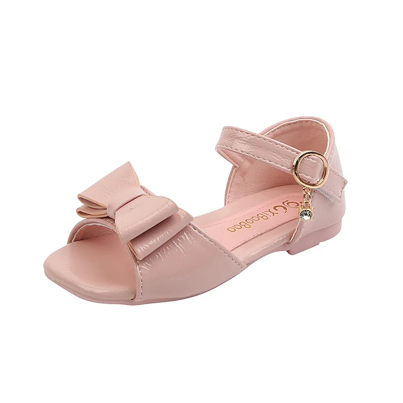 

Детские блестящие сандалии из ПУ кожи для девочек на весну и лето, Корейская Розовая обувь принцессы с бантом и закрытым носком, детская мод...