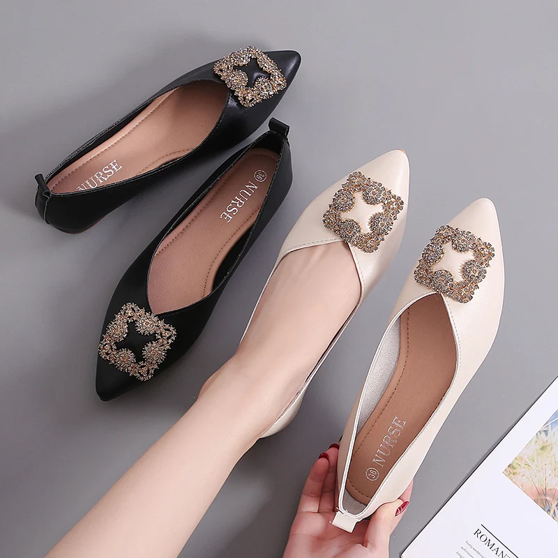 

Rhinestone Buckle Pointy Ballerina Women Slip On Flat Shoes
