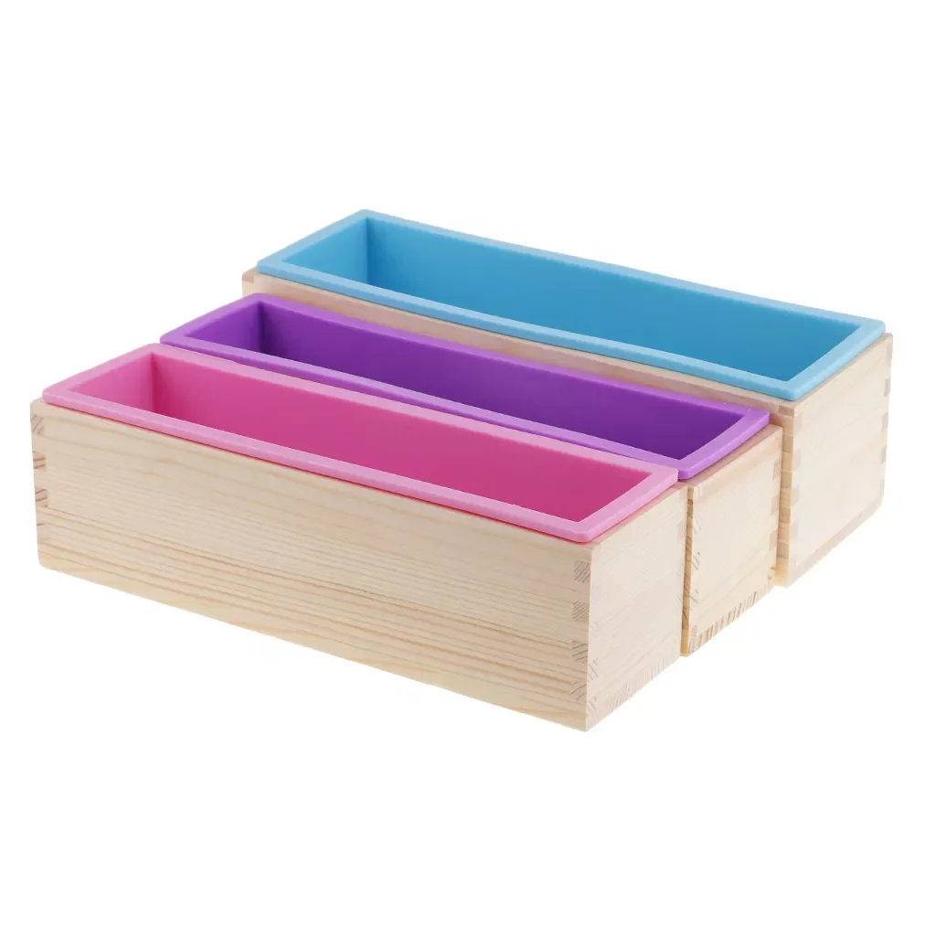 

3pcs Rectangle Soap Silicone Loaf Mold With Wood Box For Cake Baking Toast