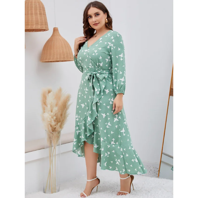 Plus Size 4xl 5xl Elegant Printed Lantern Dress Women Dresses Sexy Boho Beach Casual Slim Party Ruffle Midi d 3xl 4xl 5xl 6xl