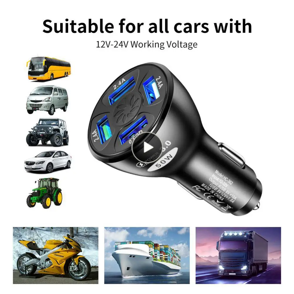 

Led Light Display Mobile Phone Charger 50w Qc3.0 4usb Car Charger Fast Charging Car Cigarette Lighter Universal Car Accessories