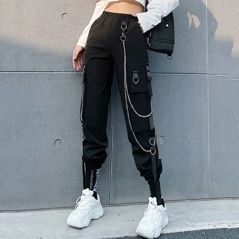 

Fashion Streetwear Chain Trousers Casual Black Cargo Pants 2022 Autumn Women High Waist Buckle Ladies Loose Chain Female Pants