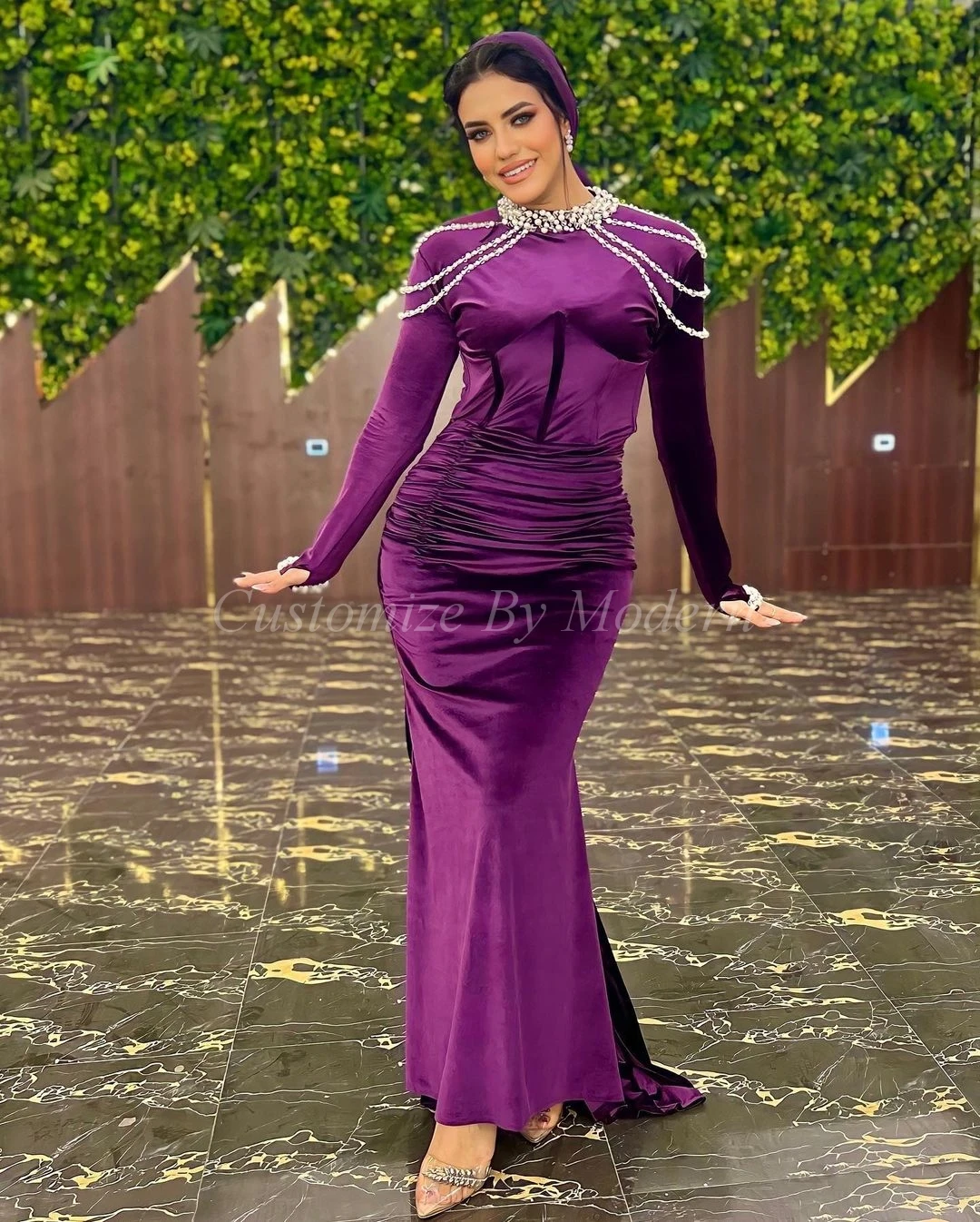 

Mermaid Purple Velvet Prom Dresses Long Sleeves High Neck Beadings Pleated Saudi Arabia Women Evening Party Dress