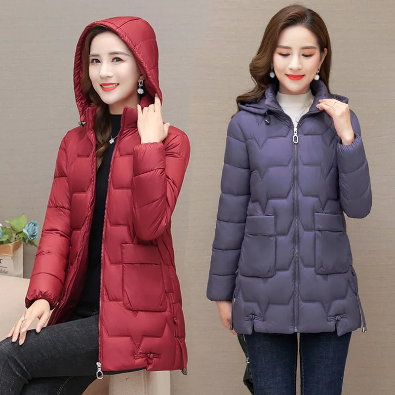 2022 New Autumn and Winter Lightweight Cotton Jacket Mid length Removable Hat Fashion Cotton Suit Slim Warm Cotton Jacket