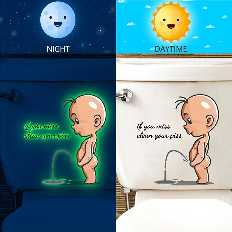 Children Pee Toilet Stickers Cartoon Luminous Glow Sticker Letter WC Accessories for Toilet Bathroom Wall Home Decoration