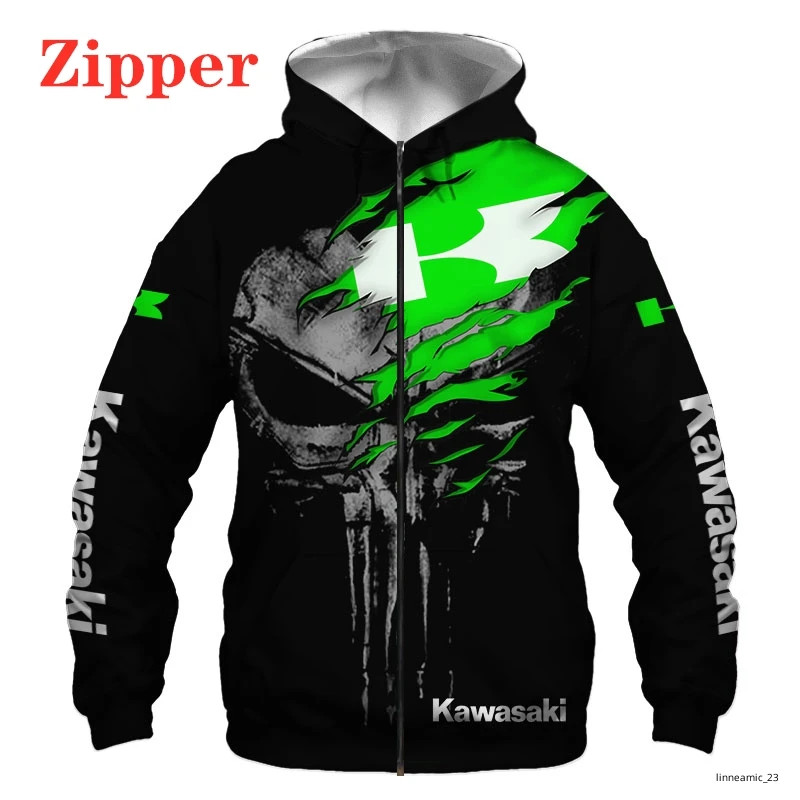 

2022 New Kawasaki Motorcycle Logo Punisher Hoodie Impresso em 3D Pulôver Harajuku Moletom Moda Jaqueta de Corrida Masculina Zip