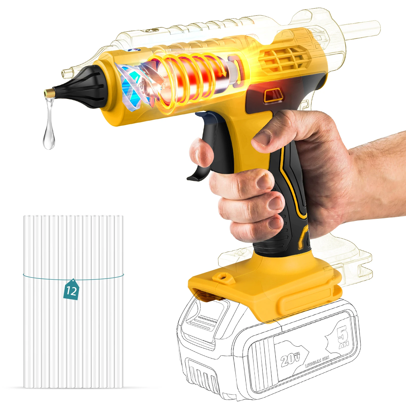 20V Upgraded Cordless Glun Gun Wireless Bondage Eletric Powerful Heavy Duty Glue Gun DIY with 12pcs glue sticks without battery
