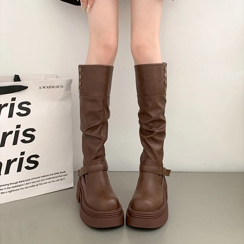 Винтажные коричневые женские сапоги в стиле пастушки вестерн модные длинные