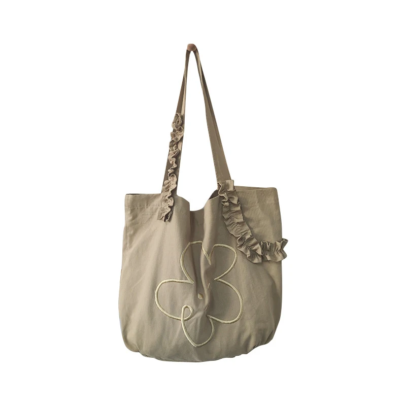 Cute Flower Embroidery Shoulder Bag for Women Girls Large Capacity Ruffles Shopping Bags Students Books Bags Canvas Handbag