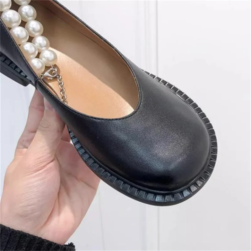 Женские туфли с жемчугом круглый носок низкий каблук цепочка Мэри Джейн ремешок