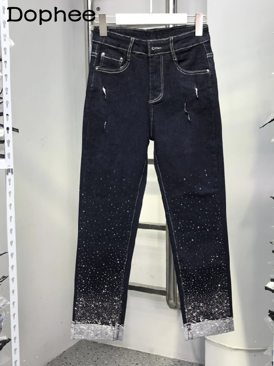 

Женские уличные джинсы Стразы темно-синего цвета, новинка осень-зима 2022, эластичные прямые джинсовые брюки с высокой талией для похудения