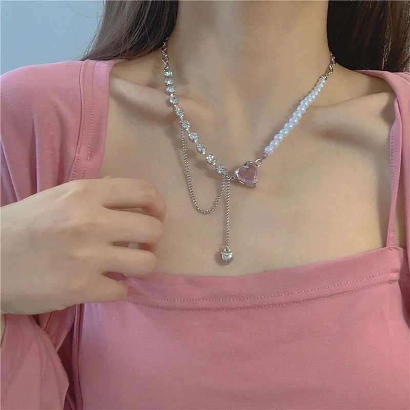 

Korea Fashion Pink Heart Necklace Peart Rhinestones Asymmetrical Chain Choker for Women Girl Party Jewelry 2022 New