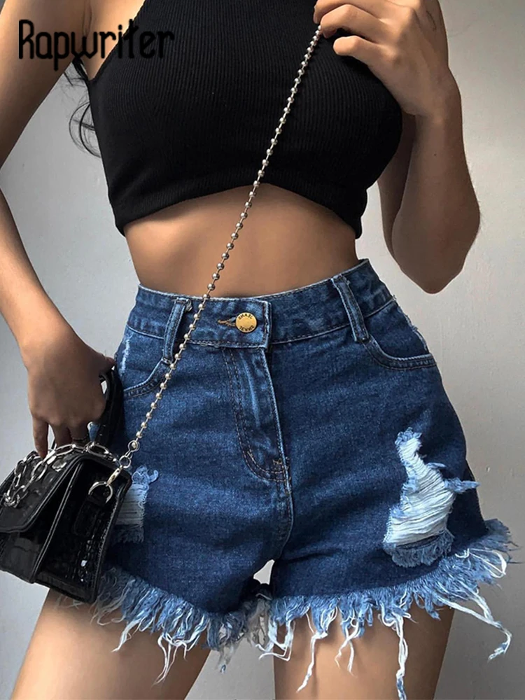 

Rapwriter 90s Streetwear Tassel Distressed Ripped Denim Shorts Retro Blue Women Mom Jeans Sweat Shorts Grunge Aesthetic Clothes