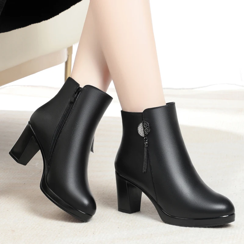 AIYUQI Women Winter Boots Genuine Leather 2023 New High Heel Dress Women Boots Warm Wool Office Women's Booties