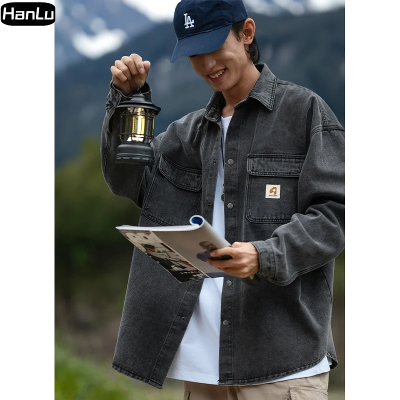 Мужская джинсовая куртка в стиле хип-хоп с длинным рукавом