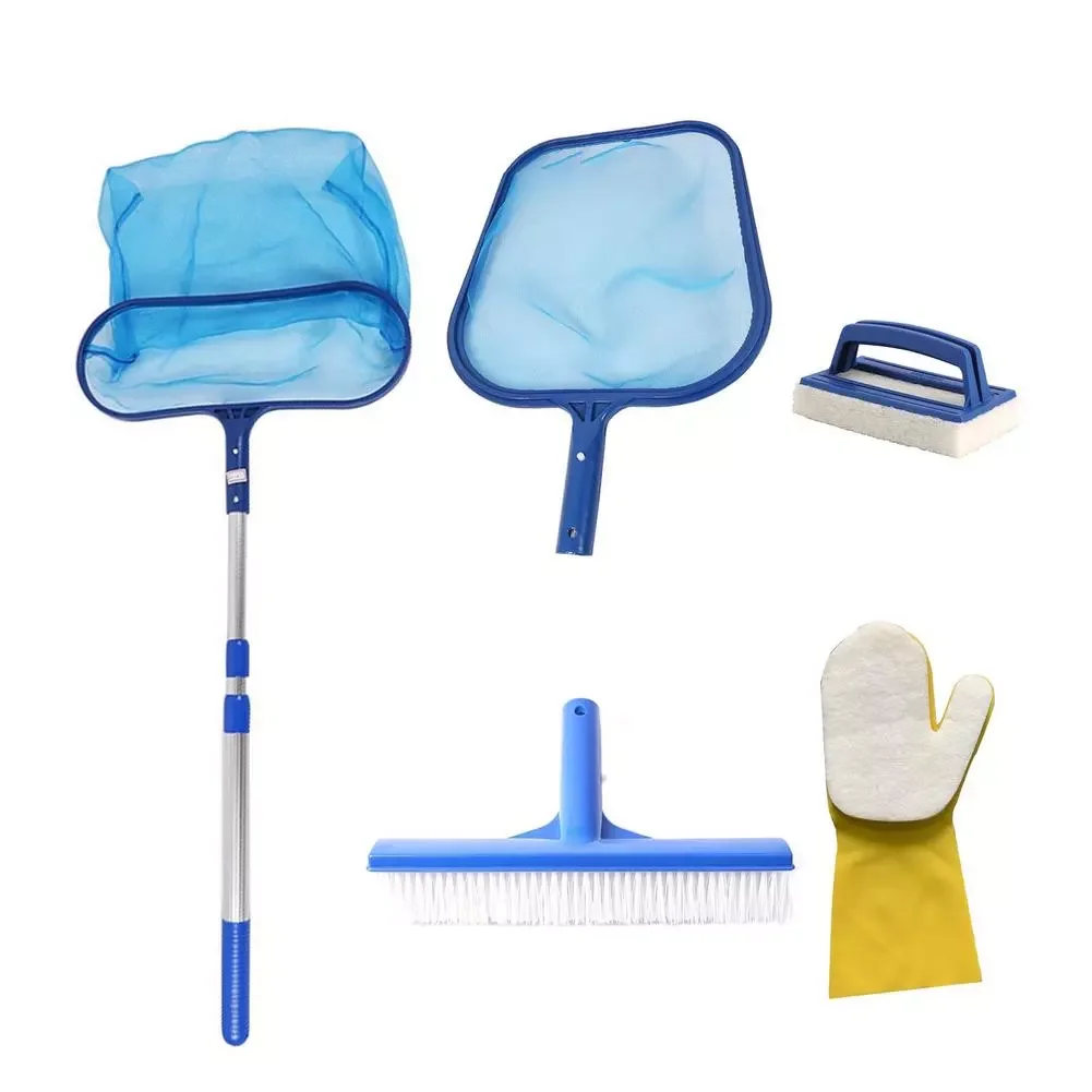 

6PCS Swimming Pool Cleaning Set Aluminum Telescopic Pole Pool Skimmer Leaf Catcher Bag Cleaning Brush Head Pool Cleaner Tool